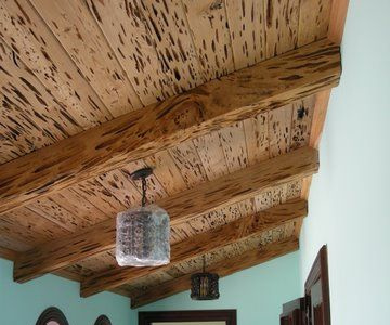 Pecky cypress ceiling and wall interior