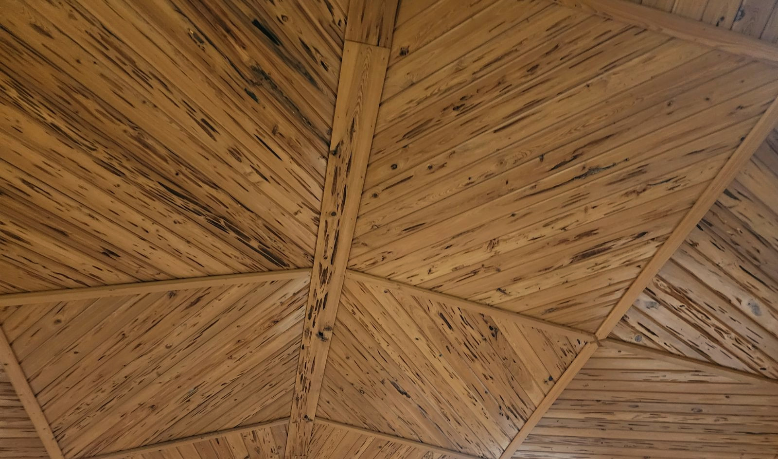 Pecky cypress ceiling and wall interior